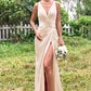 Trumpet/Mermaid V Neck Sleeveless Floor-Length Stretch Satin Bridesmaid Dresses with Pleated Split Sherlyn DLP0025255