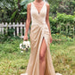 Trumpet/Mermaid V Neck Sleeveless Floor-Length Stretch Satin Bridesmaid Dresses with Pleated Split Sherlyn DLP0025255