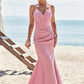 Trumpet/Mermaid V Neck Sleeveless Floor-Length Stretch Satin Bridesmaid Dresses with Pleated Marlie DLP0025256