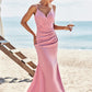 Trumpet/Mermaid V Neck Sleeveless Floor-Length Stretch Satin Bridesmaid Dresses with Pleated Marlie DLP0025256