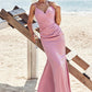 Trumpet/Mermaid V Neck Sleeveless Floor-Length Stretch Satin Bridesmaid Dresses with Pleated Marlie DLP0025256