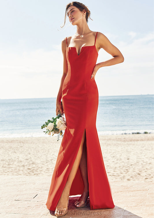 Trumpet/Mermaid V Neck Sleeveless Floor-Length Stretch Crepe Bridesmaid Dresses with Split Henrietta DLP0025269