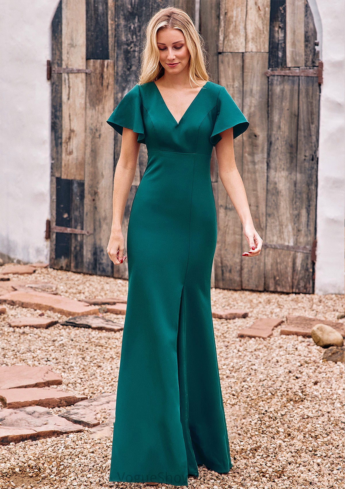 Trumpet/Mermaid V Neck Short Sleeve Stretch Crepe Floor-Length Bridesmaid Dresses with Split Sasha DLP0025273