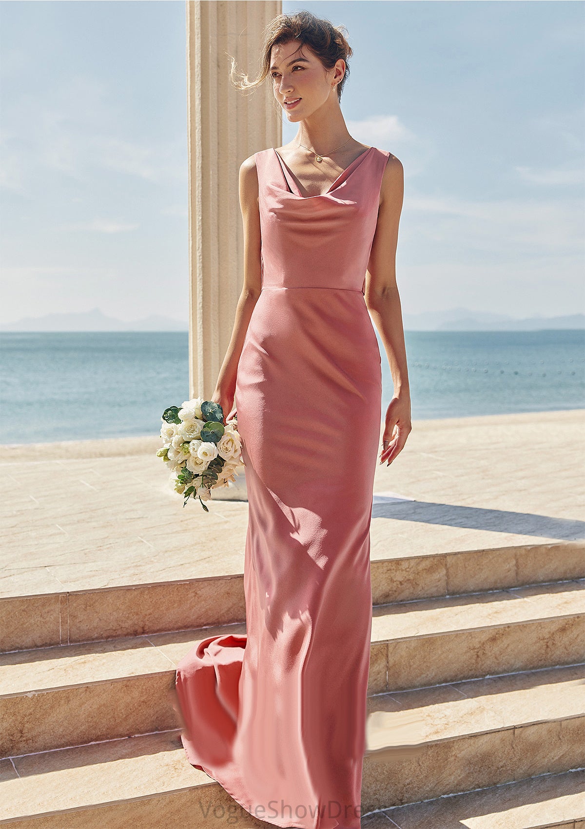 Trumpet/Mermaid Cowl Neck Sleeveless Floor-Length Stretch Satin Bridesmaid Dresses with Sashes Cindy DLP0025281