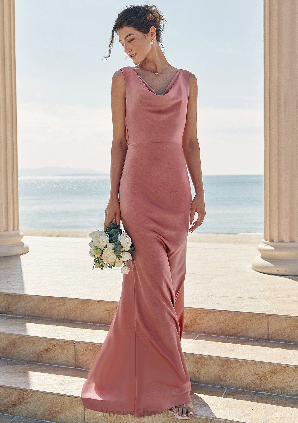 Trumpet/Mermaid Cowl Neck Sleeveless Floor-Length Stretch Satin Bridesmaid Dresses with Sashes Cindy DLP0025281