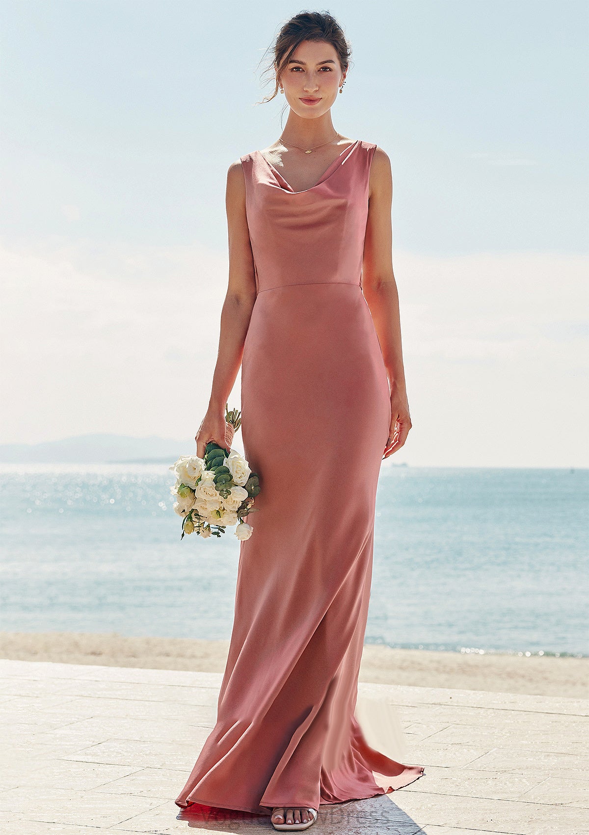 Trumpet/Mermaid Cowl Neck Sleeveless Floor-Length Stretch Satin Bridesmaid Dresses with Sashes Cindy DLP0025281