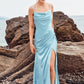 Trumpet/Mermaid Cowl Neck Sleeveless Floor-Length Stretch Satin Bridesmaid Dresses with Pleated Split Hillary DLP0025283