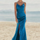 Trumpet/Mermaid V Neck Sleeveless Floor-Length Stretch Satin Bridesmaid Dresses with Pleated Split Aryana DLP0025286