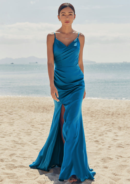 Trumpet/Mermaid V Neck Sleeveless Floor-Length Stretch Satin Bridesmaid Dresses with Pleated Split Aryana DLP0025286