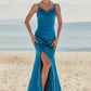 Trumpet/Mermaid V Neck Sleeveless Floor-Length Stretch Satin Bridesmaid Dresses with Pleated Split Aryana DLP0025286