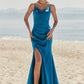 Trumpet/Mermaid V Neck Sleeveless Floor-Length Stretch Satin Bridesmaid Dresses with Pleated Split Aryana DLP0025286