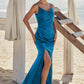 Trumpet/Mermaid V Neck Sleeveless Floor-Length Stretch Satin Bridesmaid Dresses with Pleated Split Aryana DLP0025286