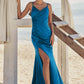 Trumpet/Mermaid V Neck Sleeveless Floor-Length Stretch Satin Bridesmaid Dresses with Pleated Split Aryana DLP0025286