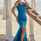 Trumpet/Mermaid V Neck Sleeveless Floor-Length Stretch Satin Bridesmaid Dresses with Pleated Split Aryana DLP0025286