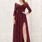 A-line V Neck Full/Long Sleeve Long/Floor-Length Chiffon Bridesmaid Dresses With Lace Split Pleated Regina DLP0025304