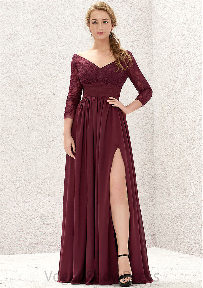 A-line V Neck Full/Long Sleeve Long/Floor-Length Chiffon Bridesmaid Dresses With Lace Split Pleated Regina DLP0025304