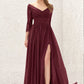 A-line V Neck Full/Long Sleeve Long/Floor-Length Chiffon Bridesmaid Dresses With Lace Split Pleated Regina DLP0025304