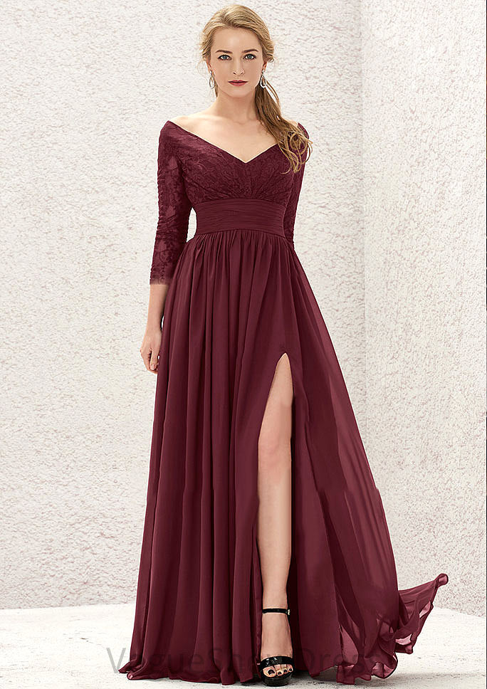 A-line V Neck Full/Long Sleeve Long/Floor-Length Chiffon Bridesmaid Dresses With Lace Split Pleated Regina DLP0025304