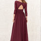 A-line V Neck Full/Long Sleeve Long/Floor-Length Chiffon Bridesmaid Dresses With Lace Split Pleated Regina DLP0025304