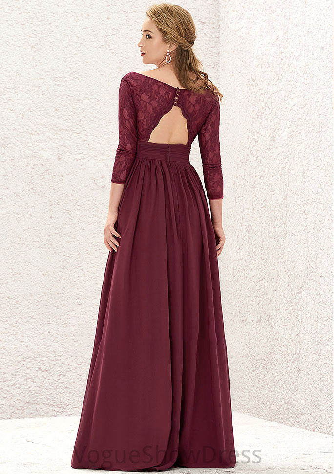 A-line V Neck Full/Long Sleeve Long/Floor-Length Chiffon Bridesmaid Dresses With Lace Split Pleated Regina DLP0025304