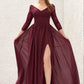 A-line V Neck Full/Long Sleeve Long/Floor-Length Chiffon Bridesmaid Dresses With Lace Split Pleated Regina DLP0025304