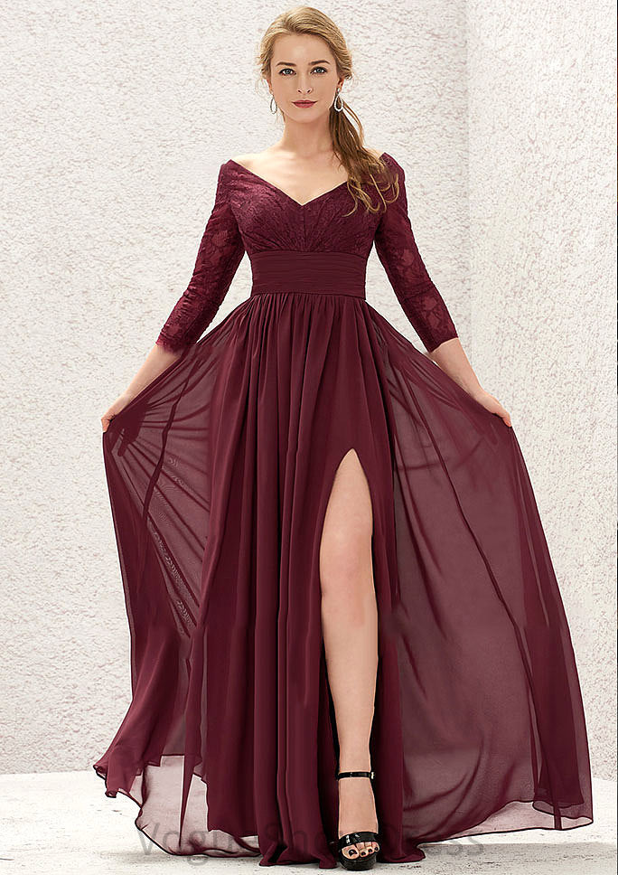 A-line V Neck Full/Long Sleeve Long/Floor-Length Chiffon Bridesmaid Dresses With Lace Split Pleated Regina DLP0025304