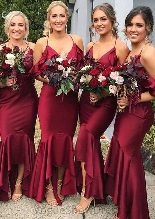 Sleeveless V Neck Asymmetrical Trumpet/Mermaid Charmeuse Bridesmaid Dresseses With Ruffles Kenya DLP0025305