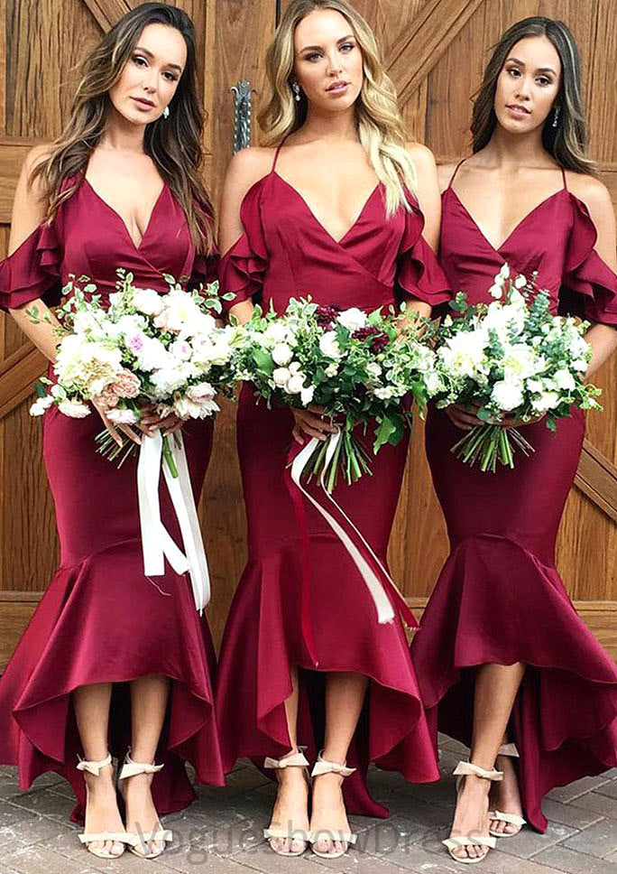 Sleeveless V Neck Asymmetrical Trumpet/Mermaid Charmeuse Bridesmaid Dresseses With Ruffles Kenya DLP0025305