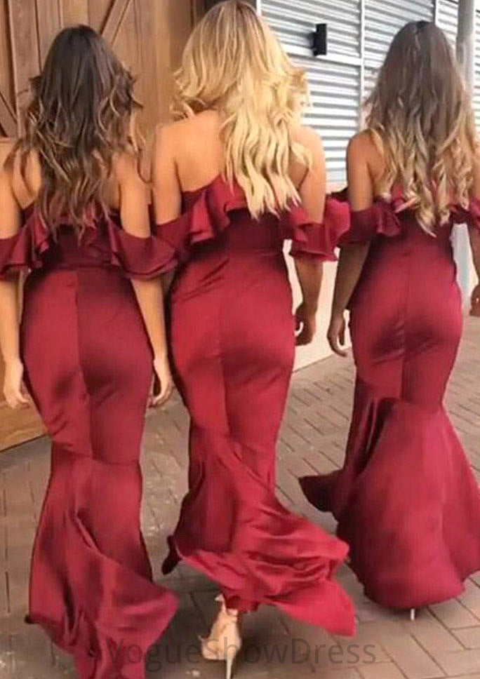 Sleeveless V Neck Asymmetrical Trumpet/Mermaid Charmeuse Bridesmaid Dresseses With Ruffles Kenya DLP0025305