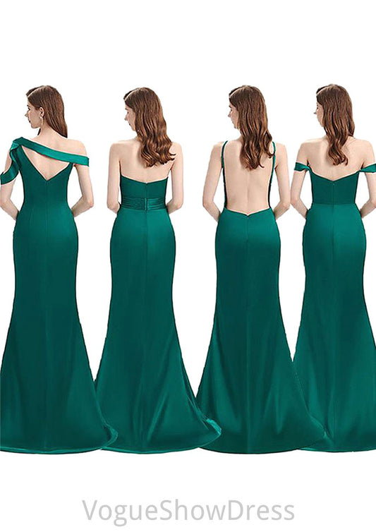 Trumpet/Mermaid Sleeveless Long/Floor-Length Silk like Satin Bridesmaid Dresses With Pleated Split Madelynn DLP0025306