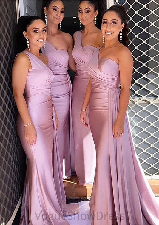 Trumpet/Mermaid One-Shoulder Sleeveless Sweep Train Jersey Bridesmaid Dresses With Pleated Side Draping Aliza DLP0025308