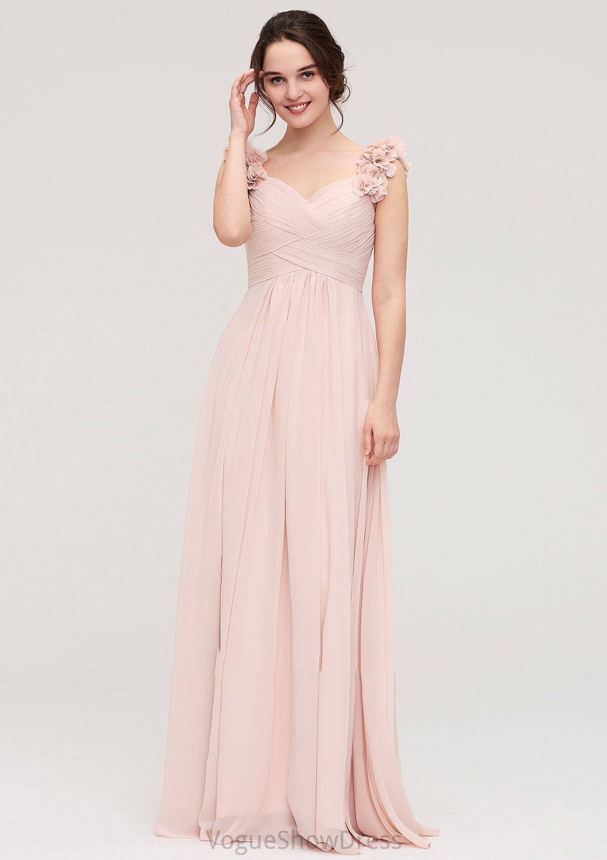 Sweetheart Sleeveless A-line/Princess Chiffon Long/Floor-Length Bridesmaid Dresses With Pleated Shoulder Flower Lyla DLP0025315