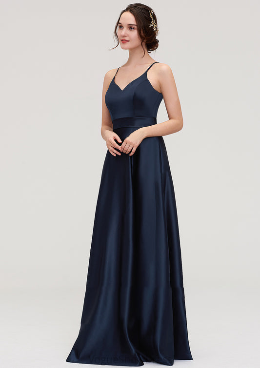 V Neck Sleeveless Long/Floor-Length Satin A-line/Princess Bridesmaid Dresseses Renee DLP0025345