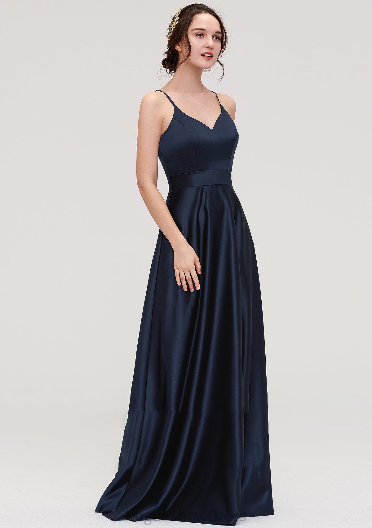 V Neck Sleeveless Long/Floor-Length Satin A-line/Princess Bridesmaid Dresseses Renee DLP0025345