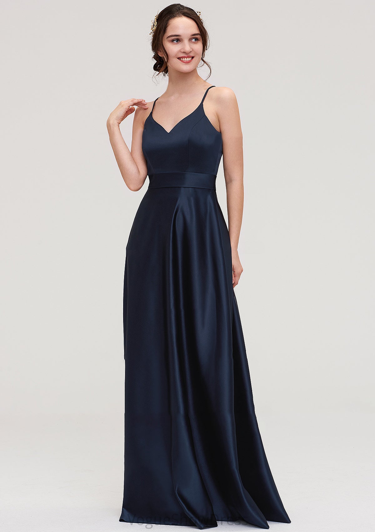 V Neck Sleeveless Long/Floor-Length Satin A-line/Princess Bridesmaid Dresseses Renee DLP0025345