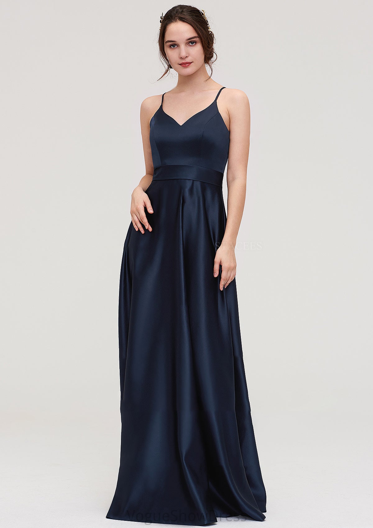 V Neck Sleeveless Long/Floor-Length Satin A-line/Princess Bridesmaid Dresseses Renee DLP0025345