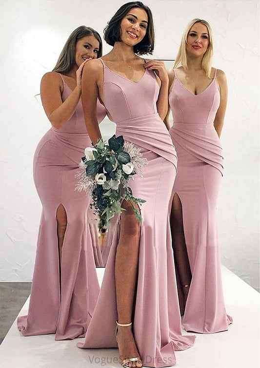 Trumpet/Mermaid V Neck Sleeveless Long/Floor-Length Elastic Satin Bridesmaid Dresses With Pleated Split Rosalind DLP0025347