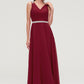 V Neck Sleeveless Chiffon A-line/Princess Long/Floor-Length Bridesmaid Dresseses With Waistband Beading Pleated Lacey DLP0025355