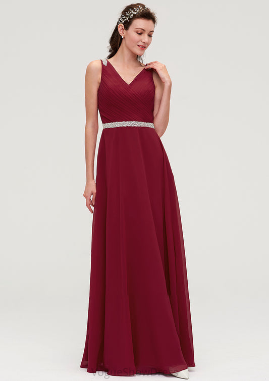 V Neck Sleeveless Chiffon A-line/Princess Long/Floor-Length Bridesmaid Dresseses With Waistband Beading Pleated Lacey DLP0025355