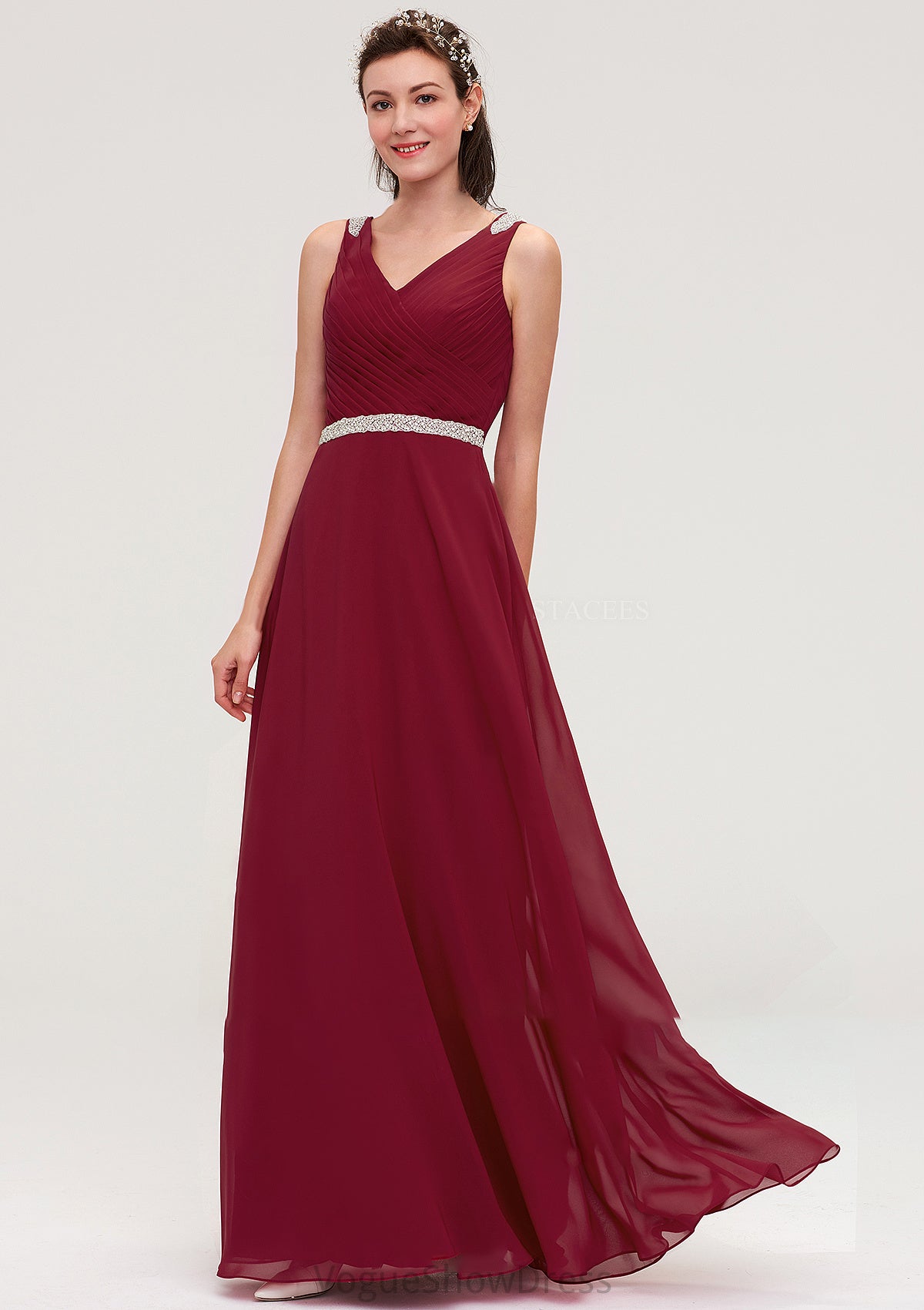 V Neck Sleeveless Chiffon A-line/Princess Long/Floor-Length Bridesmaid Dresseses With Waistband Beading Pleated Lacey DLP0025355