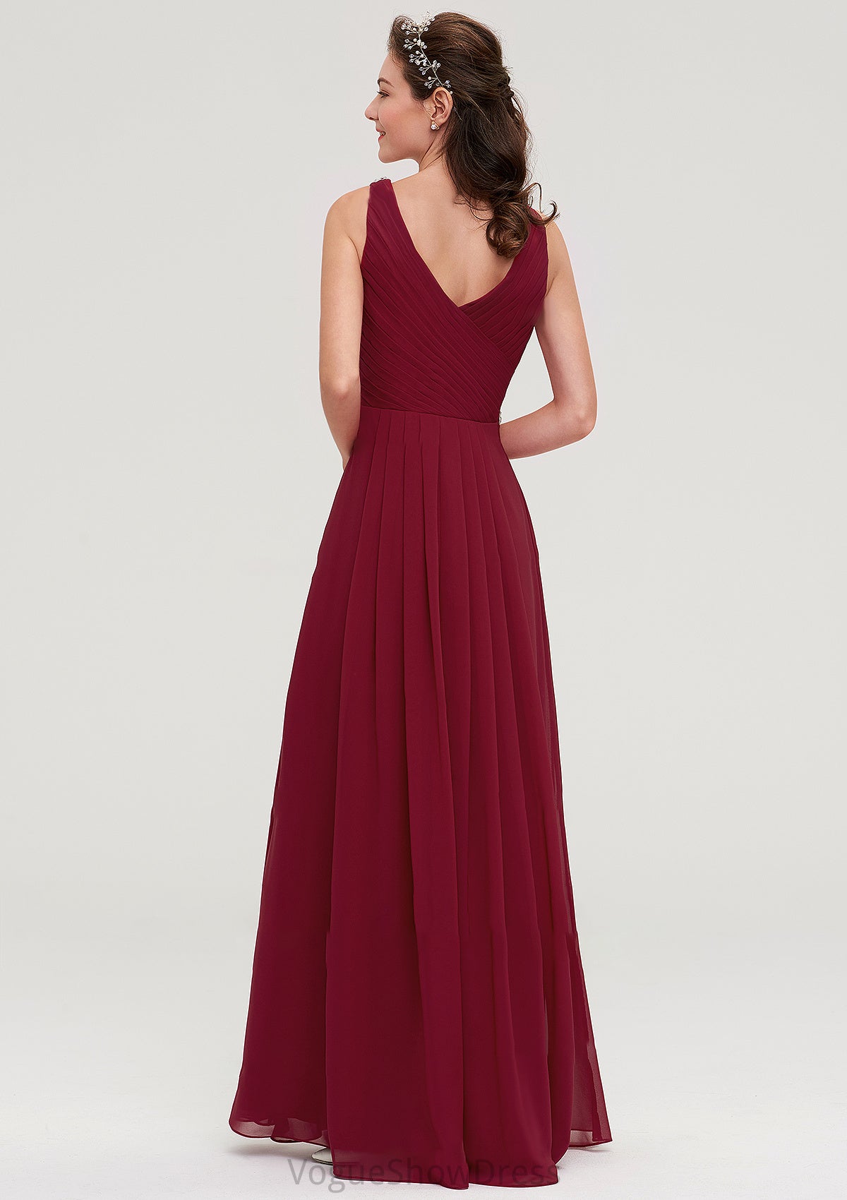 V Neck Sleeveless Chiffon A-line/Princess Long/Floor-Length Bridesmaid Dresseses With Waistband Beading Pleated Lacey DLP0025355