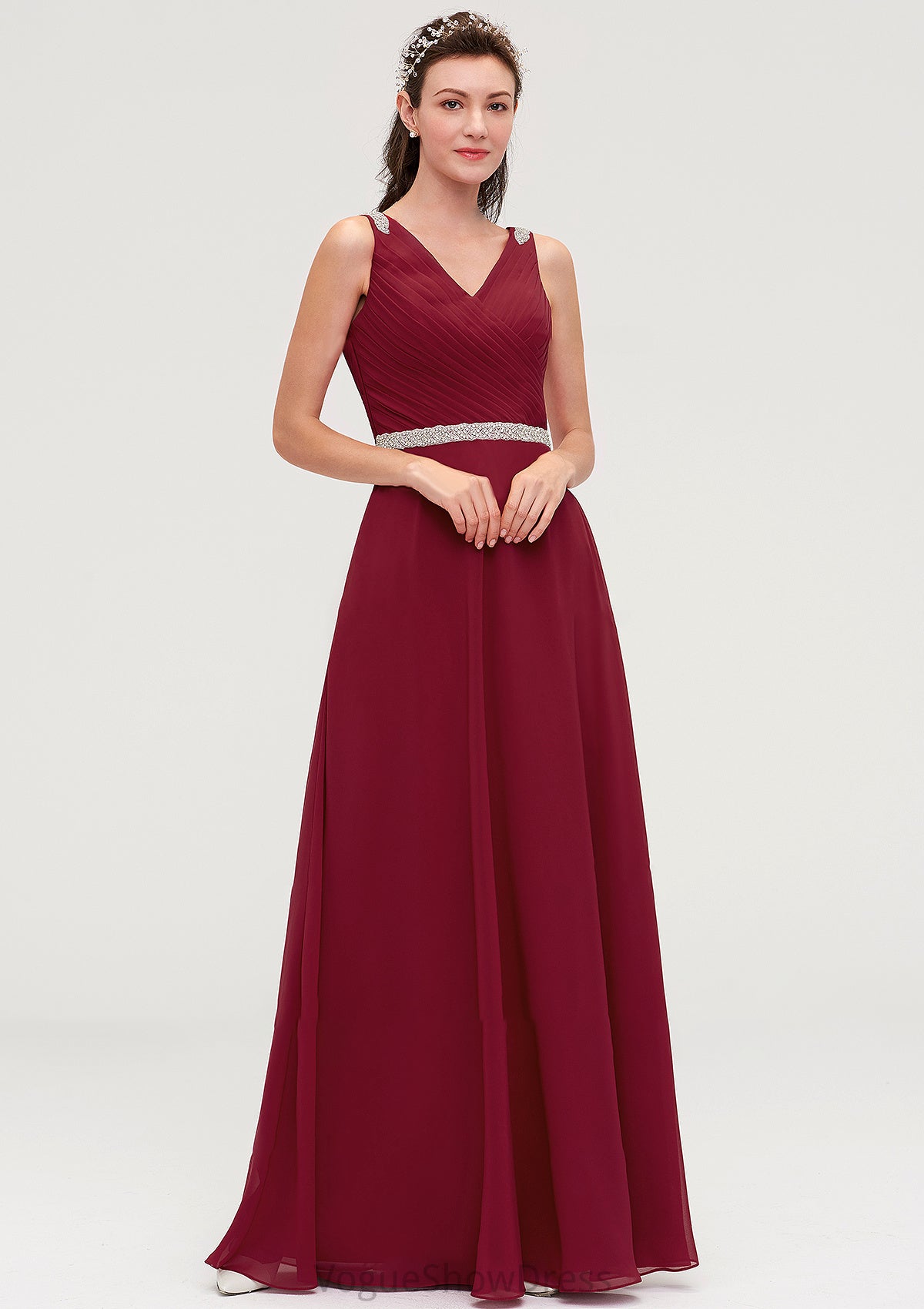 V Neck Sleeveless Chiffon A-line/Princess Long/Floor-Length Bridesmaid Dresseses With Waistband Beading Pleated Lacey DLP0025355