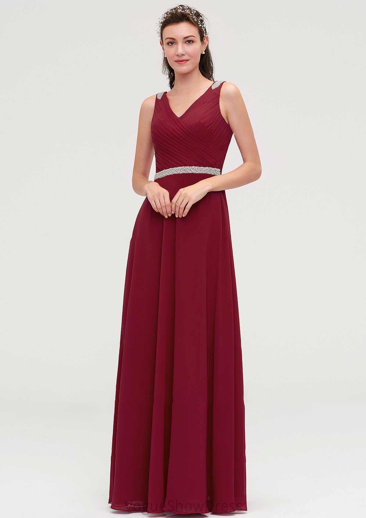 V Neck Sleeveless Chiffon A-line/Princess Long/Floor-Length Bridesmaid Dresseses With Waistband Beading Pleated Lacey DLP0025355