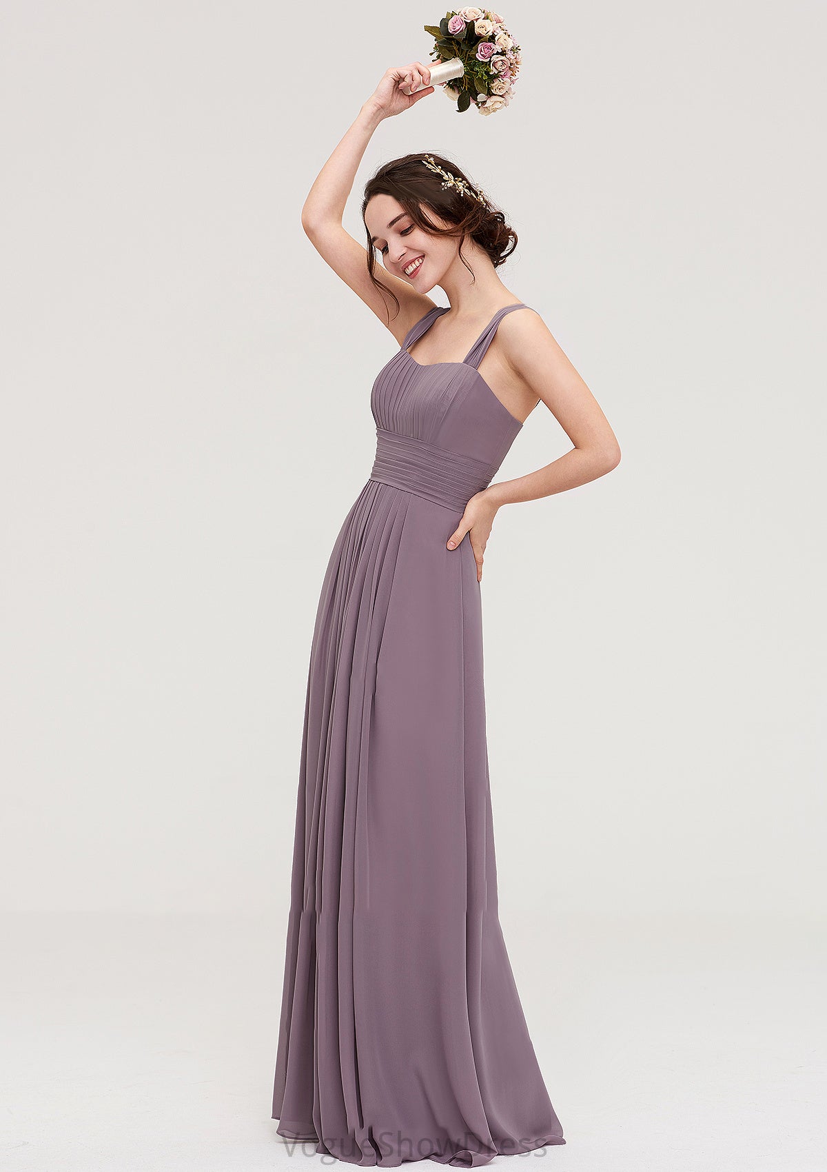 Square Neckline Sleeveless Chiffon Long/Floor-Length A-line/Princess Bridesmaid Dresses With Pleated Taryn DLP0025356