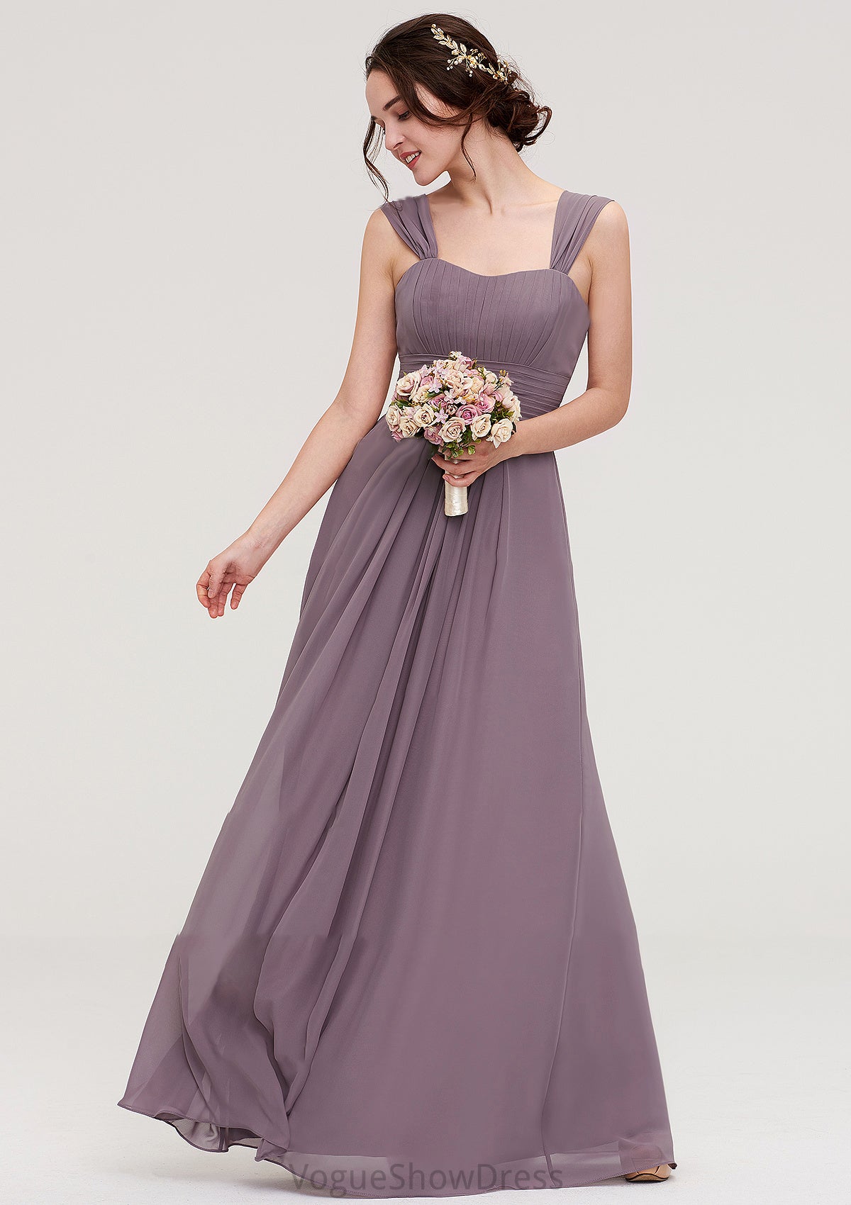 Square Neckline Sleeveless Chiffon Long/Floor-Length A-line/Princess Bridesmaid Dresses With Pleated Taryn DLP0025356