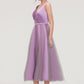 V Neck Sleeveless Tulle Tea-Length A-line/Princess Bridesmaid Dresses With Waistband Beading Pleated Isabela DLP0025395