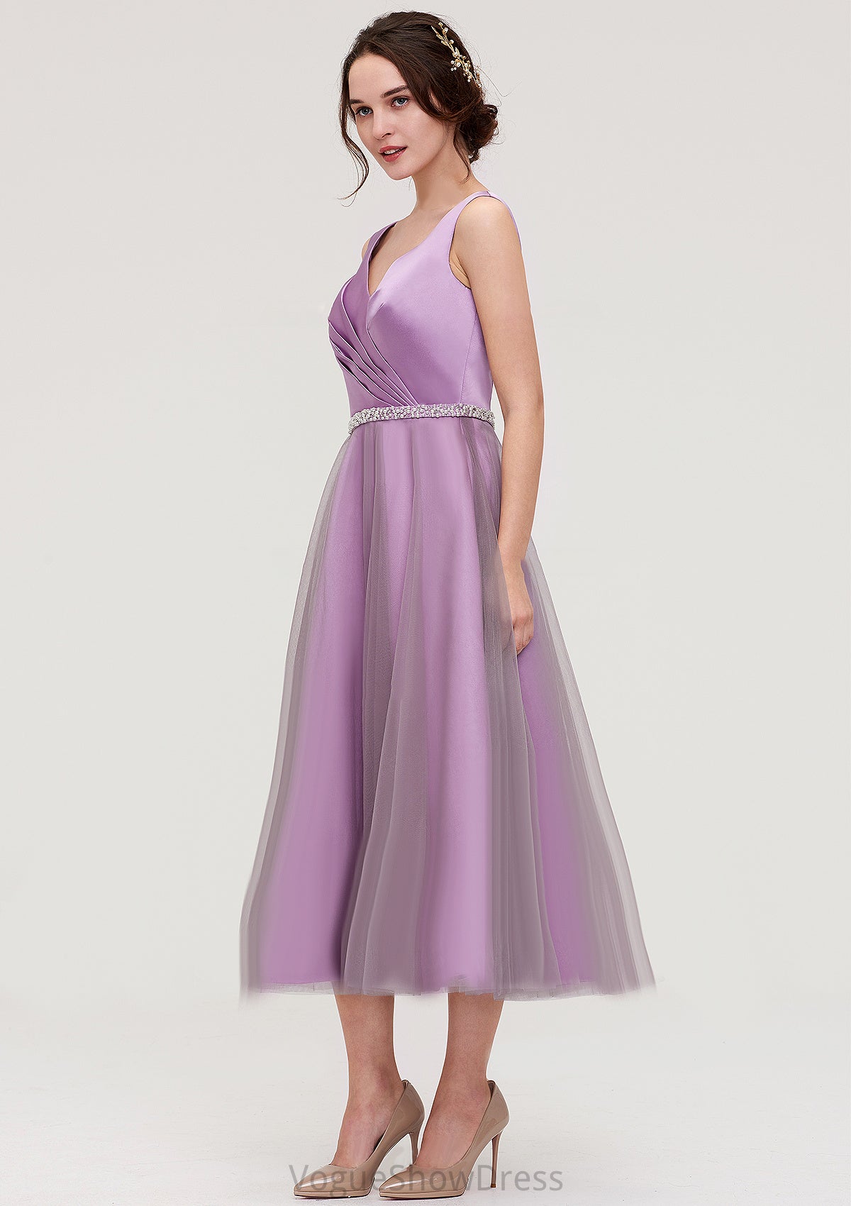 V Neck Sleeveless Tulle Tea-Length A-line/Princess Bridesmaid Dresses With Waistband Beading Pleated Isabela DLP0025395