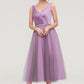 V Neck Sleeveless Tulle Tea-Length A-line/Princess Bridesmaid Dresses With Waistband Beading Pleated Isabela DLP0025395