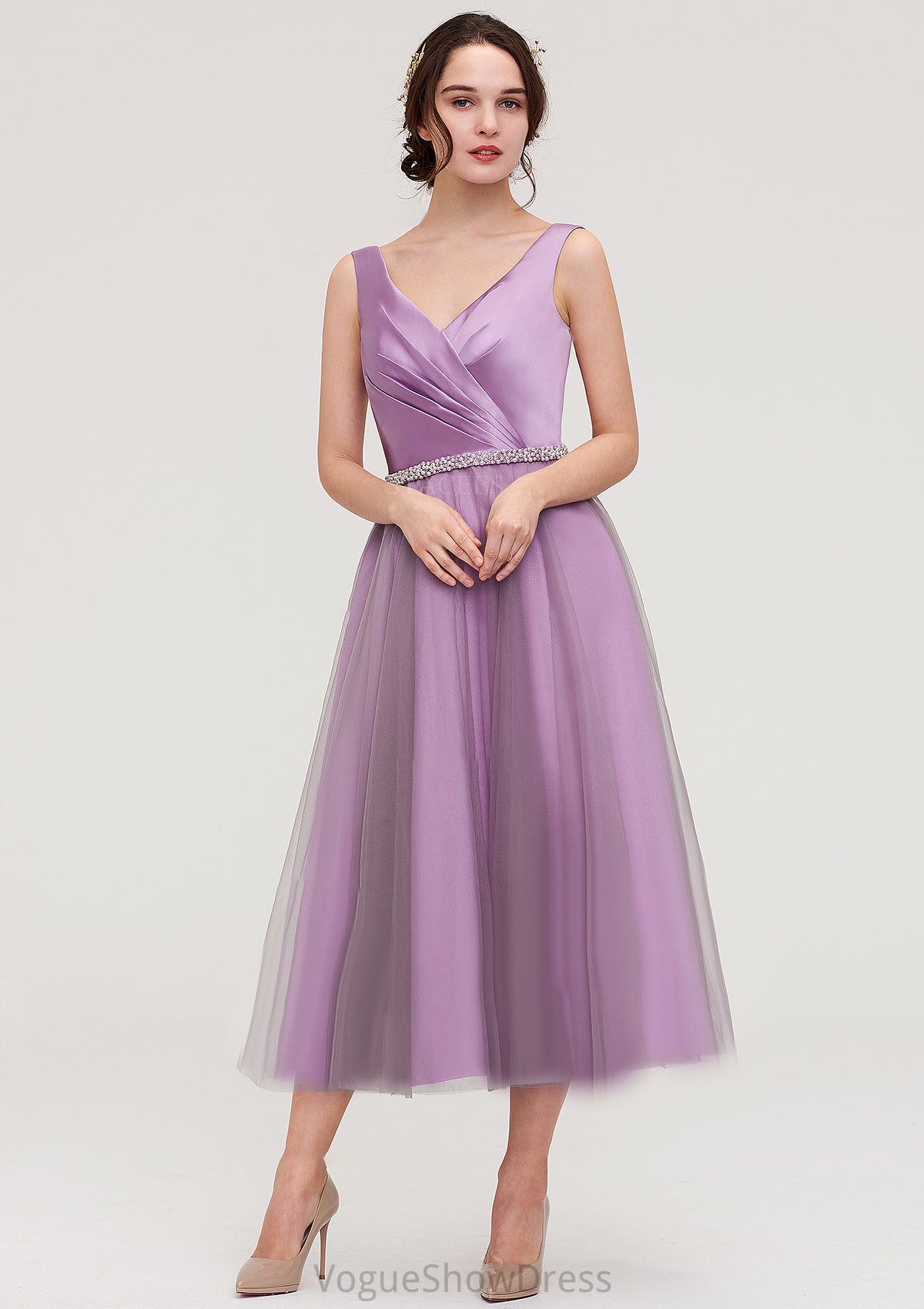 V Neck Sleeveless Tulle Tea-Length A-line/Princess Bridesmaid Dresses With Waistband Beading Pleated Isabela DLP0025395