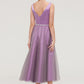 V Neck Sleeveless Tulle Tea-Length A-line/Princess Bridesmaid Dresses With Waistband Beading Pleated Isabela DLP0025395